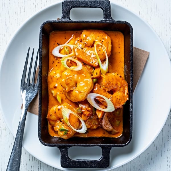 All Set Restaurant & Bar's shrimp dish, served in a black cast iron pan with a fork.