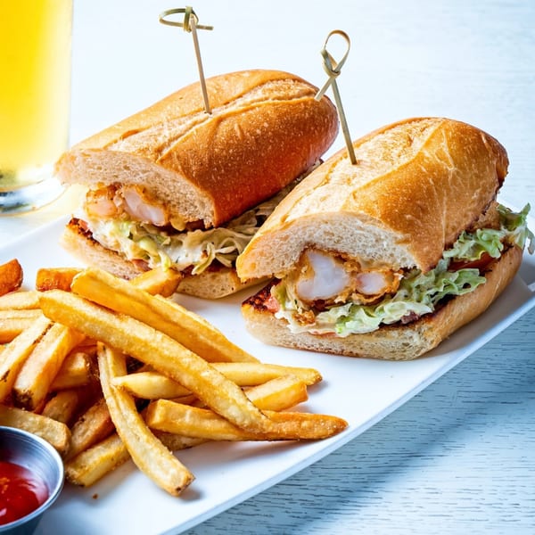 Two shrimp po'boy sandwiches with fries and ketchup on a white plate, with a drink in the background.