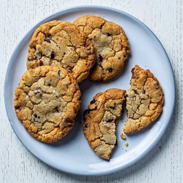Four chocolate chip cookies on a light blue plate, one broken in half.