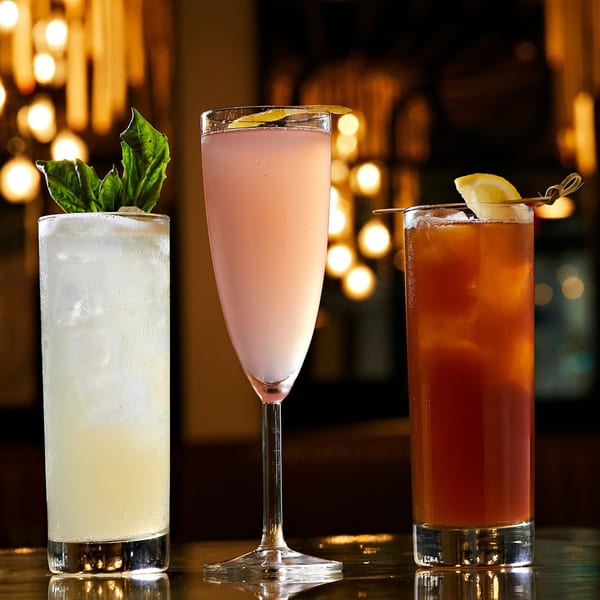 Three cocktails: a light drink with basil, a pink drink, and an amber drink with a lemon.