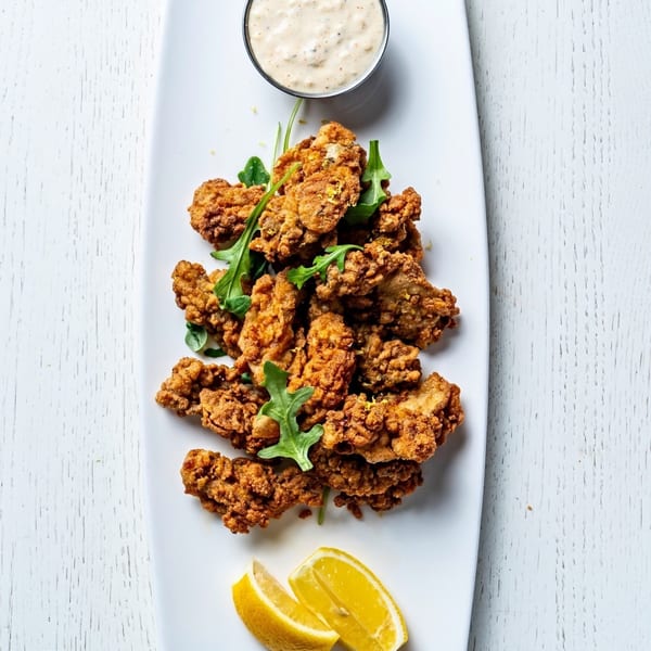 Crispy fried oysters with arugula, lemon wedges, and a side of creamy sauce on a white platter.