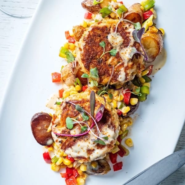 Two crab cakes with sauce, microgreens, roasted potatoes, corn, and diced peppers on a white plate.